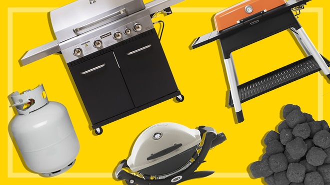 barbecues, gas bottles and charcoal on a yellow background